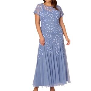 Adrianna Papell - Plus Size Hand Beaded Short Sleeve Floral Godet Gown In French